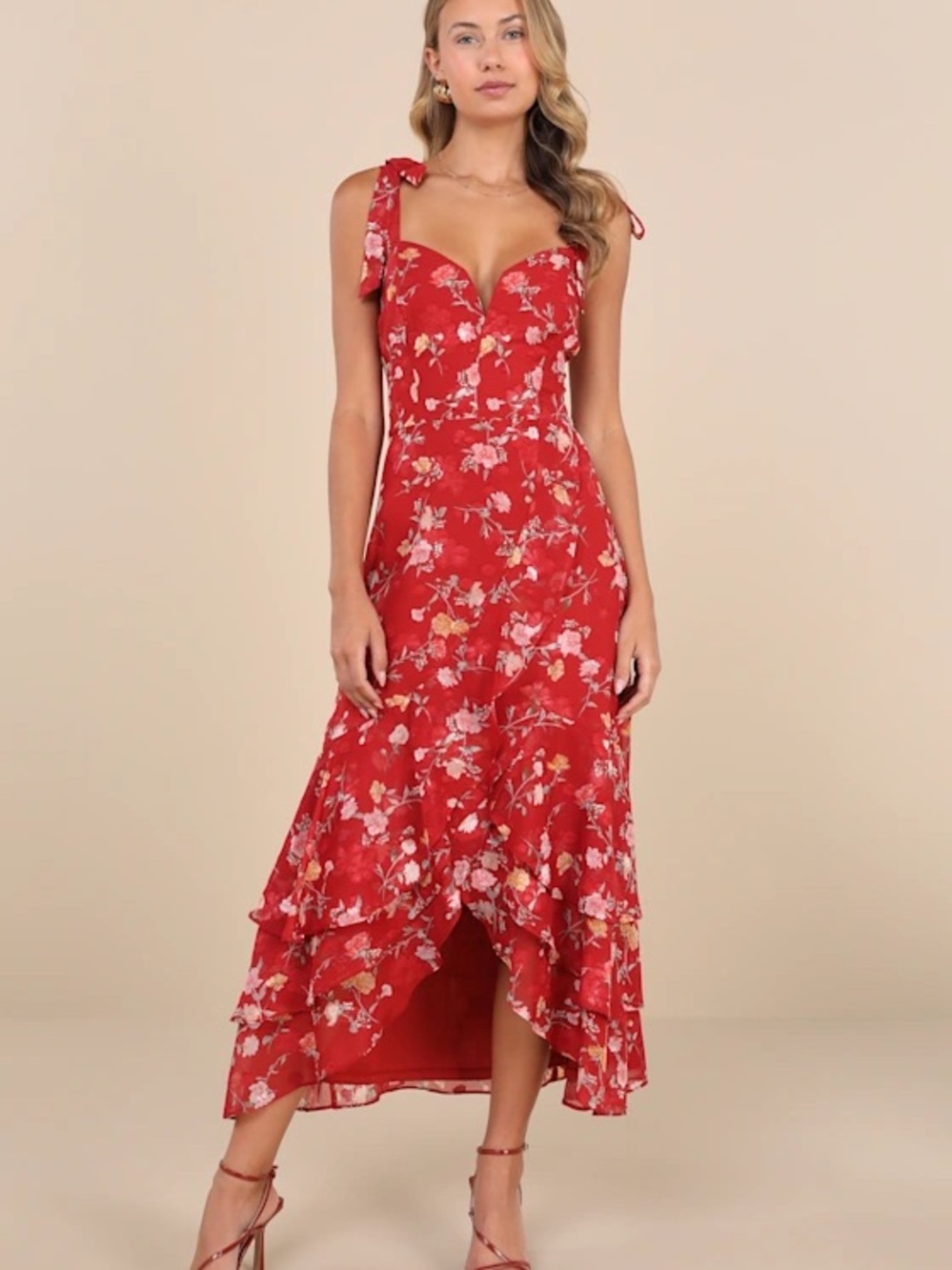 Lulu's Red Floral High-Low Ruffle Dress